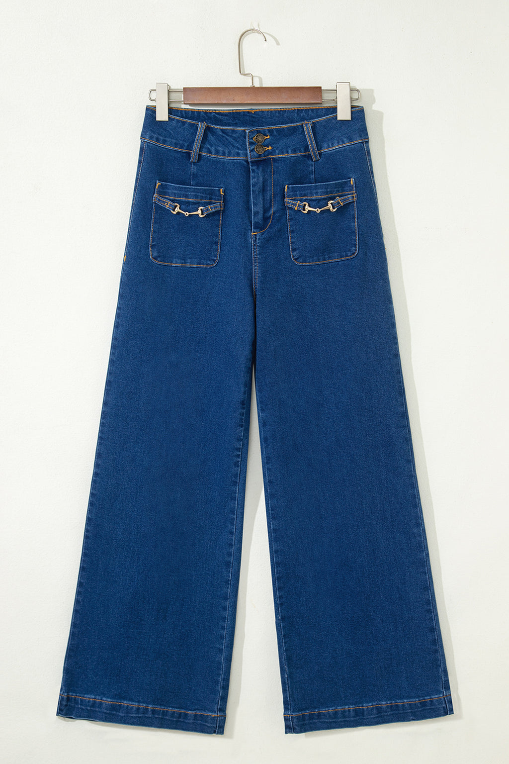 Sail Blue Denim Pants by Dear-Lover with hardware decor, patched pockets, wide-leg fit, cotton-polyester-elastane blend, casual style