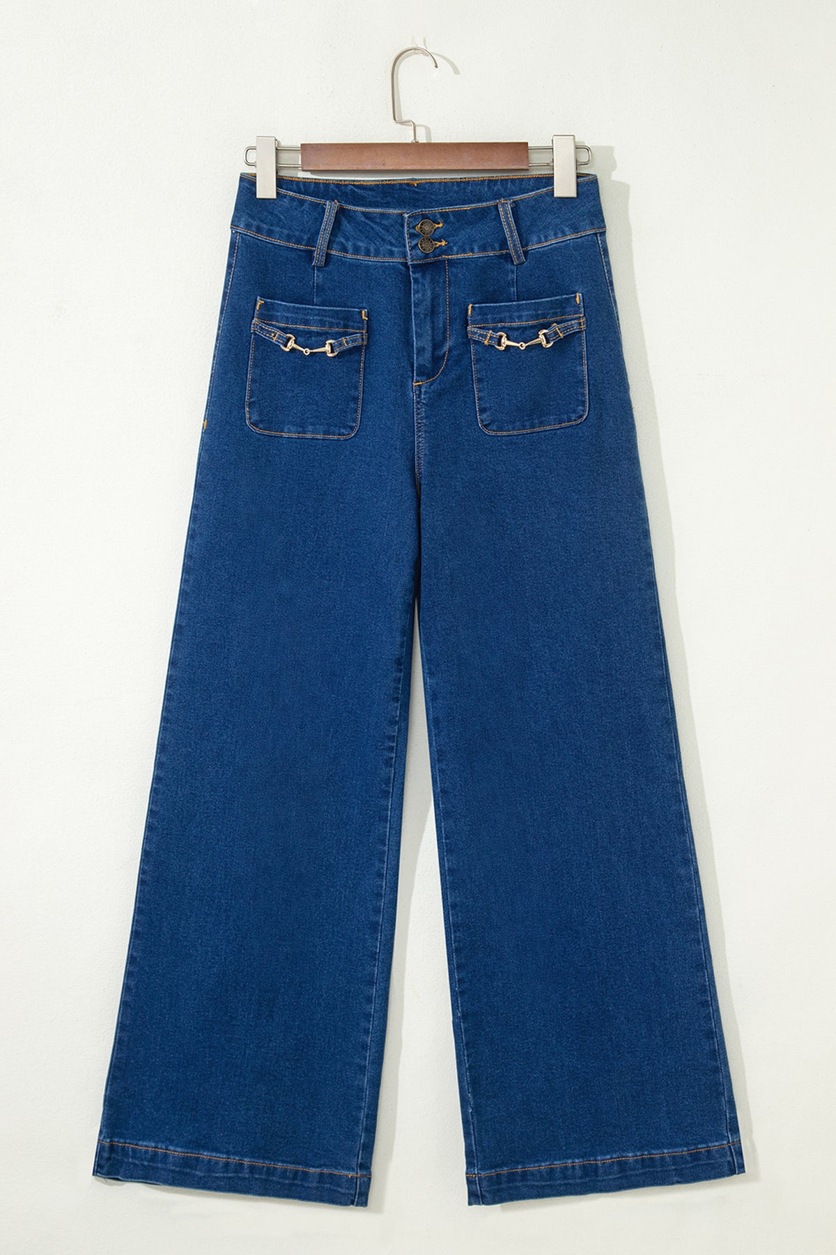 Sail Blue Denim Pants by Dear-Lover with hardware decor, patched pockets, wide-leg fit, cotton-polyester-elastane blend, casual style