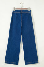 Sail blue denim wide-leg pants with patched pockets and hardware decor, made of cotton, polyester, and elastane, by Dear-Lover.