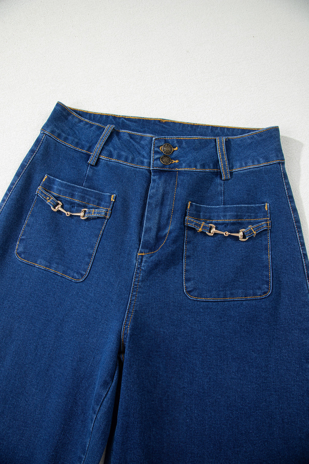 Sail blue denim wide-leg pants with patched pockets and hardware detail, made from cotton, polyester, and elastane by Dear-Lover.
