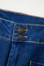 Sail blue denim wide-leg pants with patched pockets and hardware decor, made of cotton, polyester, and elastane, by Dear-Lover.