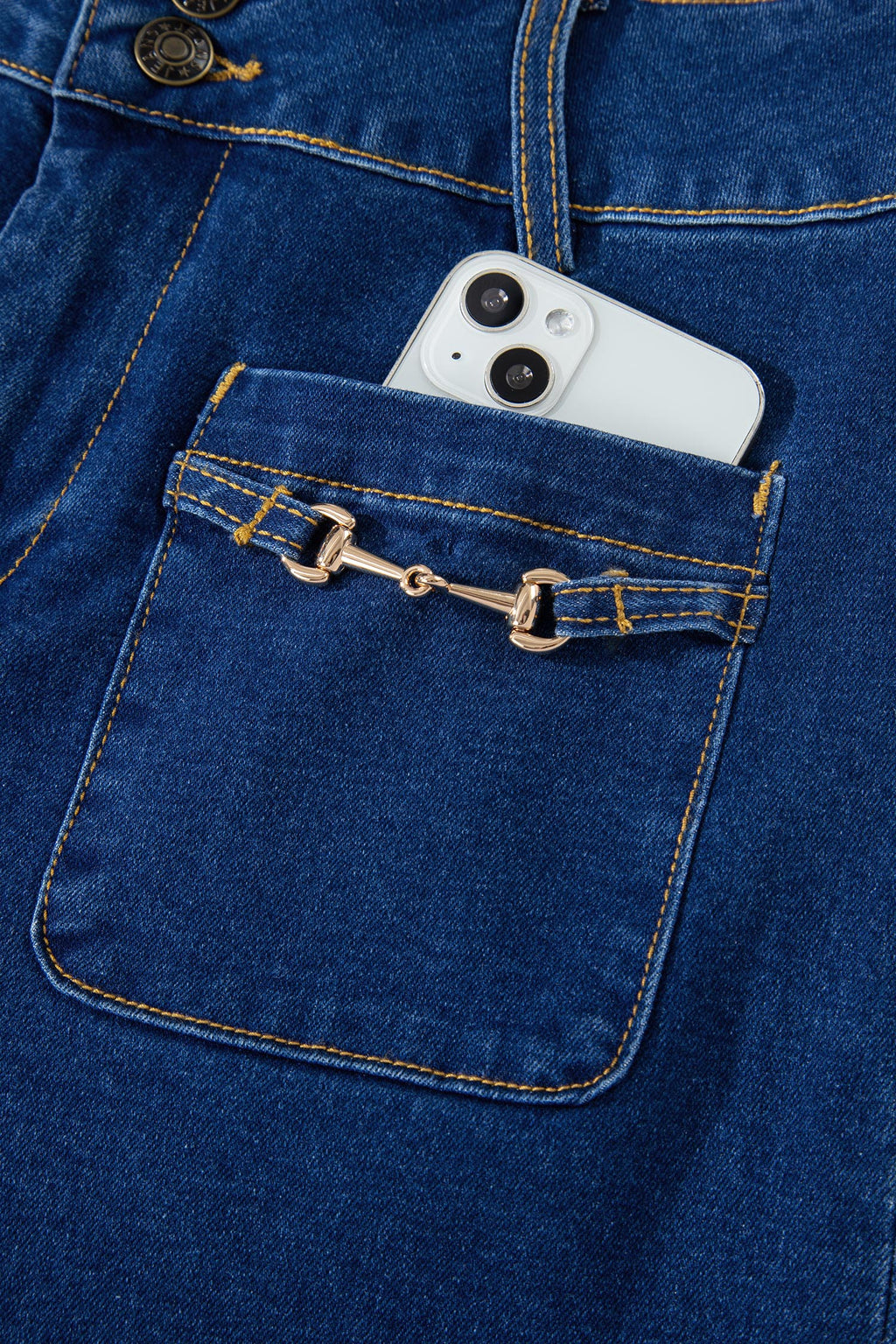 Sail blue denim wide-leg pants with patched pockets and hardware decor, made of cotton, polyester, and elastane, by Dear-Lover.