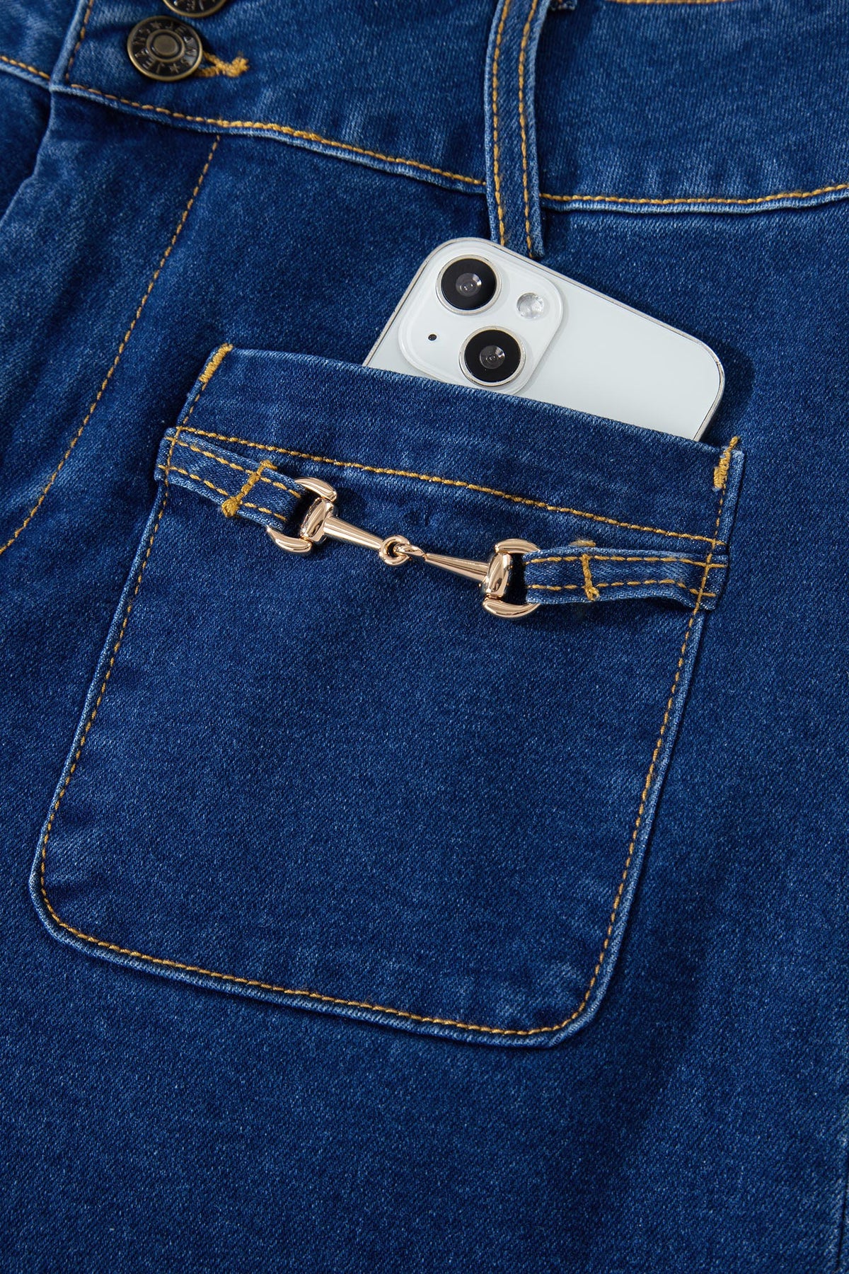 Sail blue denim wide-leg pants with patched pockets and hardware decor, made of cotton, polyester, and elastane, by Dear-Lover.