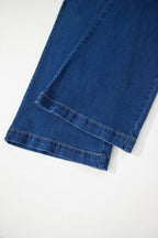 Sail Blue Denim Pants with patched pockets, wide-leg style, hardware decor, cotton-polyester blend, by Dear-Lover.