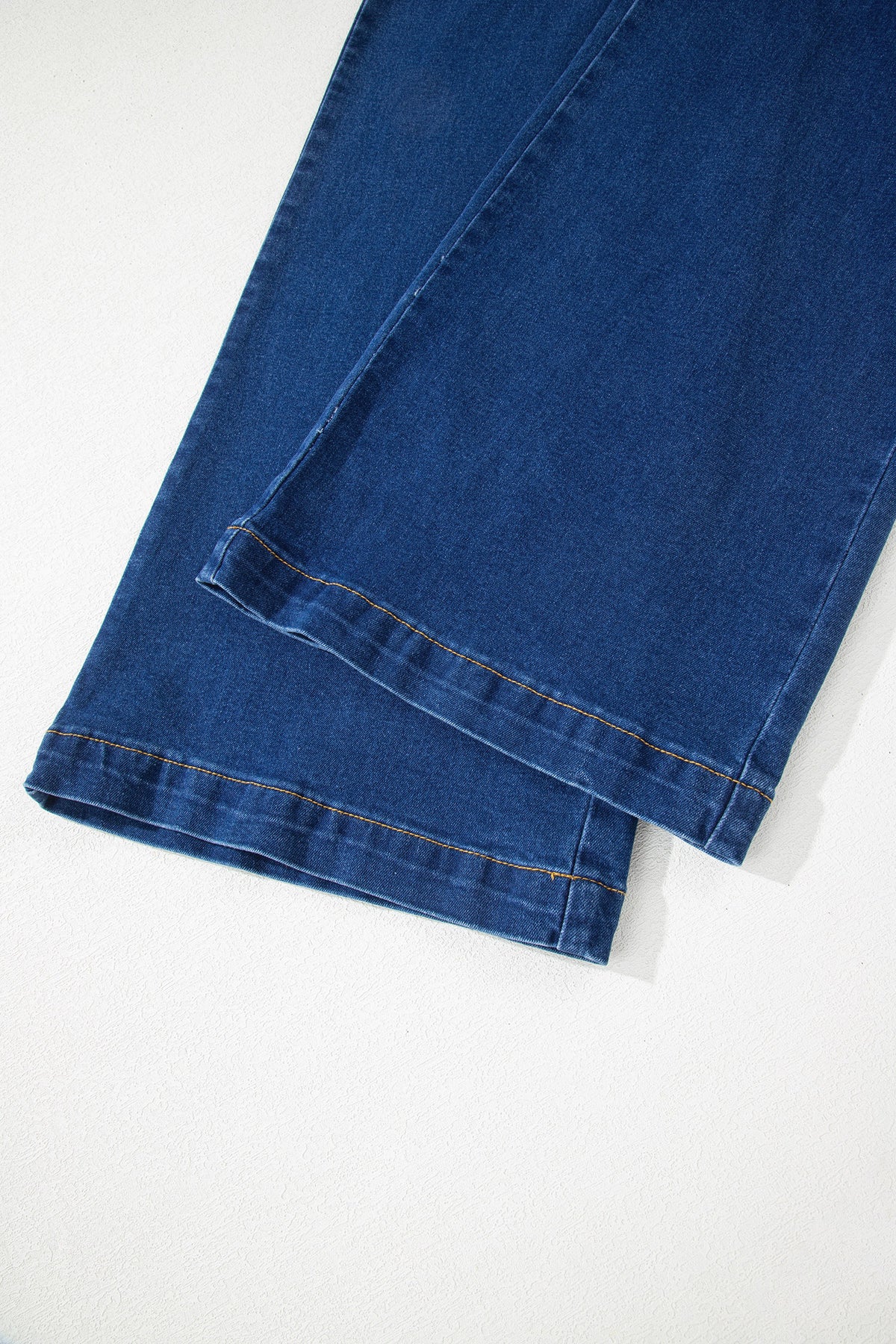 Sail Blue Denim Pants with patched pockets, wide-leg style, hardware decor, cotton-polyester blend, by Dear-Lover.
