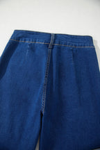 Sail Blue denim wide-leg pants with patched pockets and hardware decor, made of cotton, polyester, and elastane, by Dear-Lover.