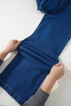 Sail blue denim wide-leg pants with patched pockets and hardware decor, made from cotton, polyester, and elastane by Dear-Lover.