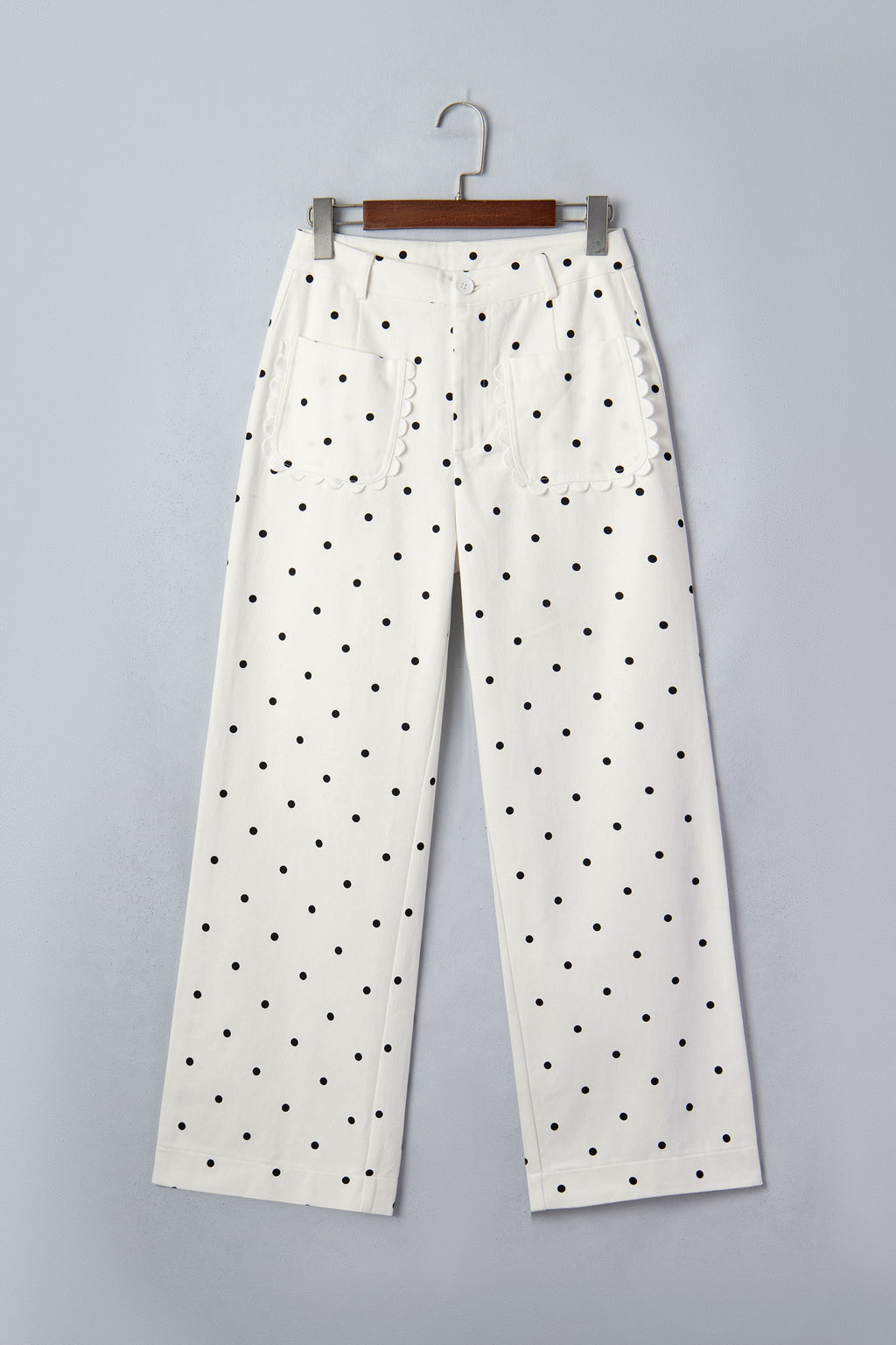 White polka dot print cotton shift pants with scalloped patch pockets, stylish culottes by Dear-Lover.