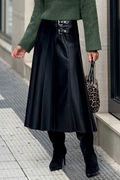 Black faux leather retro buckle detail pleated midi skirt from Dear-Lover, featuring flared design and stitched accents.