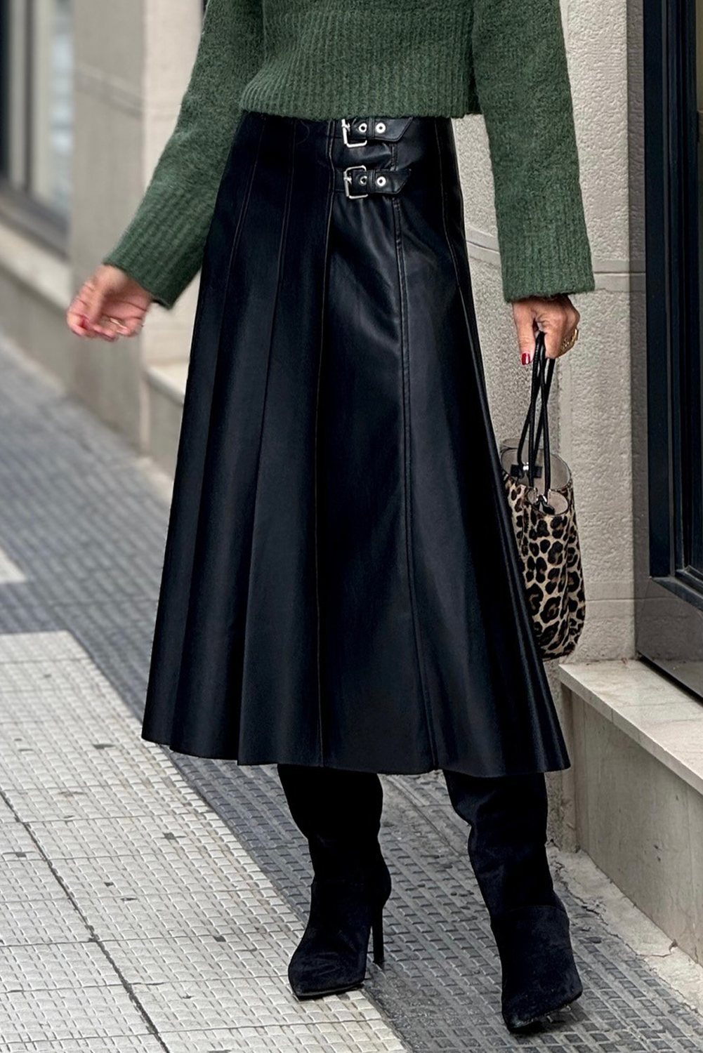 Black faux leather retro buckle detail pleated midi skirt from Dear-Lover, featuring flared design and stitched accents.