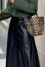 Black faux leather retro buckle detail pleated flared midi skirt by Dear-Lover, featuring stitch accents and a stylish vintage design.