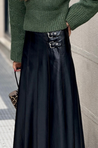 Black faux leather midi skirt with retro buckle detail, pleated stitch design, flared style, from Dear-Lover Dropshipping.