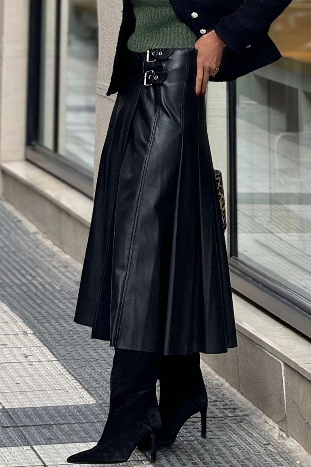 Black faux leather retro buckle detail pleated flared midi skirt by Dear-Lover, featuring stitch accents and vintage-inspired design.