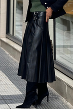 Black faux leather retro buckle detail pleated flared midi skirt by Dear-Lover, featuring stitch accents and vintage-inspired design.