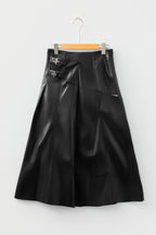 Black faux leather retro buckle detail pleated flared midi skirt by Dear-Lover Dropshipping, featuring stitch accents and a vintage-inspired design.