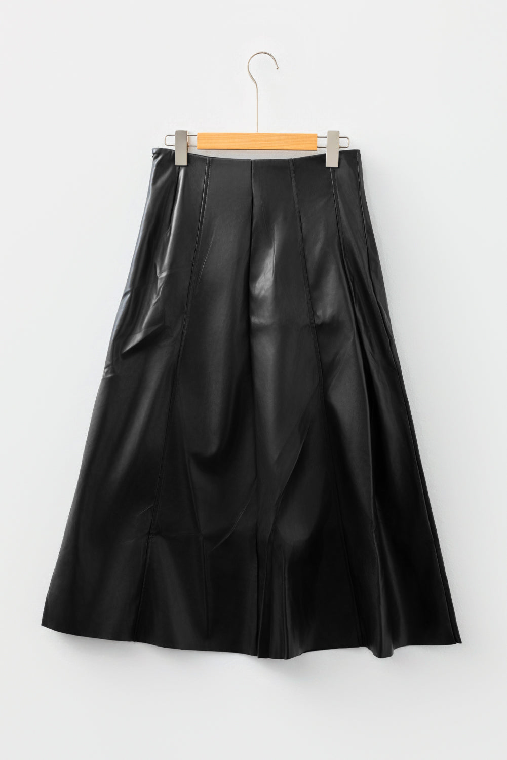 Black faux leather retro buckle detail pleated flared midi skirt by Dear-Lover, showcasing its stylish stitch accents and vintage-inspired design.