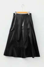 Black faux leather retro buckle detail pleated flared midi skirt by Dear-Lover, showcasing its stylish stitch accents and vintage-inspired design.
