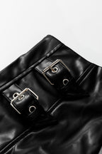 Black faux leather flared midi skirt with retro buckle detail, pleated stitch design, from Dear-Lover Dropshipping.