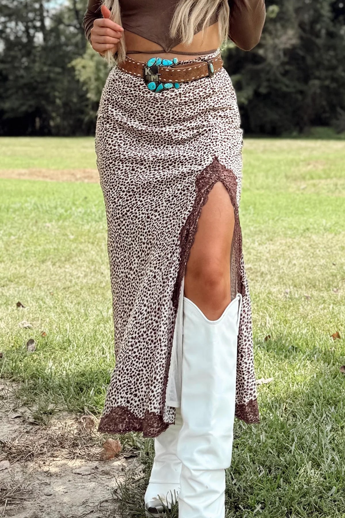 Brown Cheetah Print Trim Split Long Western Skirt by Dear-Lover, featuring a stylish animal print design and side slit.