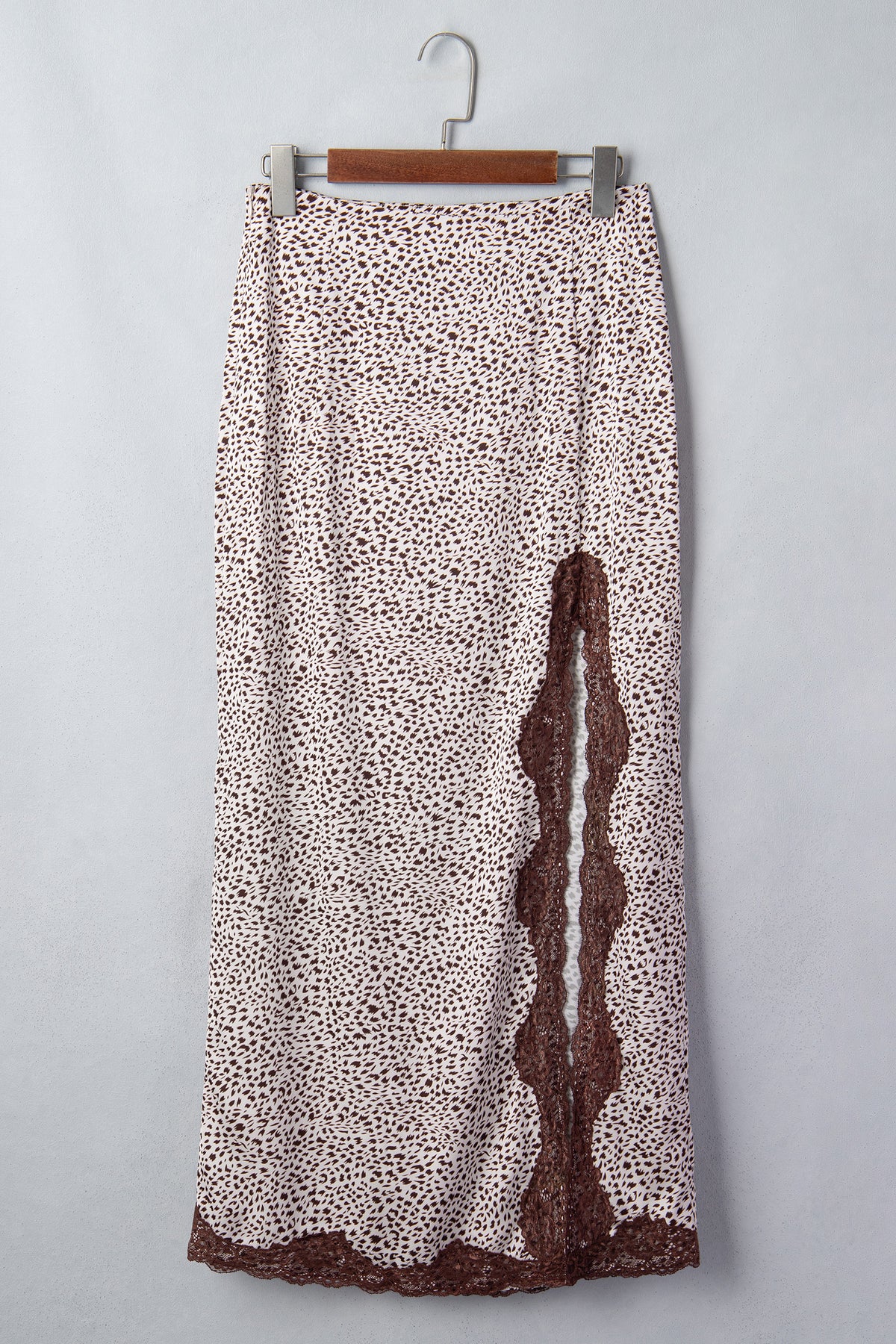 Brown Cheetah Print Trim Split Western Skirt by Dear-Lover, long polyester and elastane skirt with animal print and side slit detail.