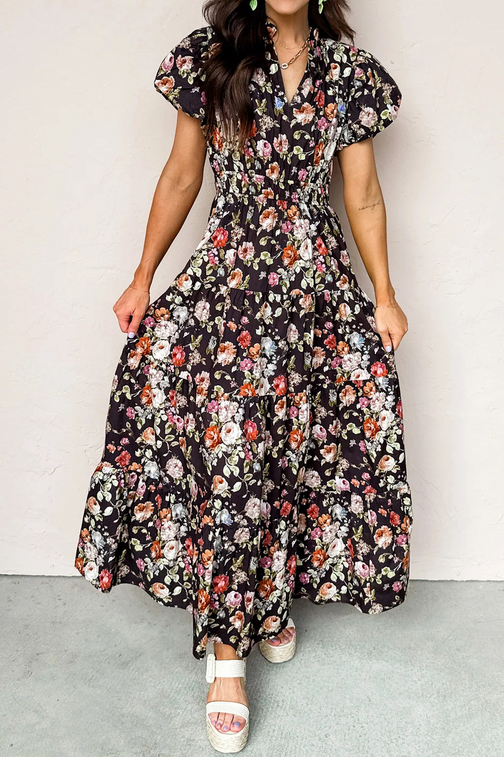 Black floral print V-neck pleated tiered maxi dress by Dear-Lover, featuring cotton-viscose fabric and elegant floral design.