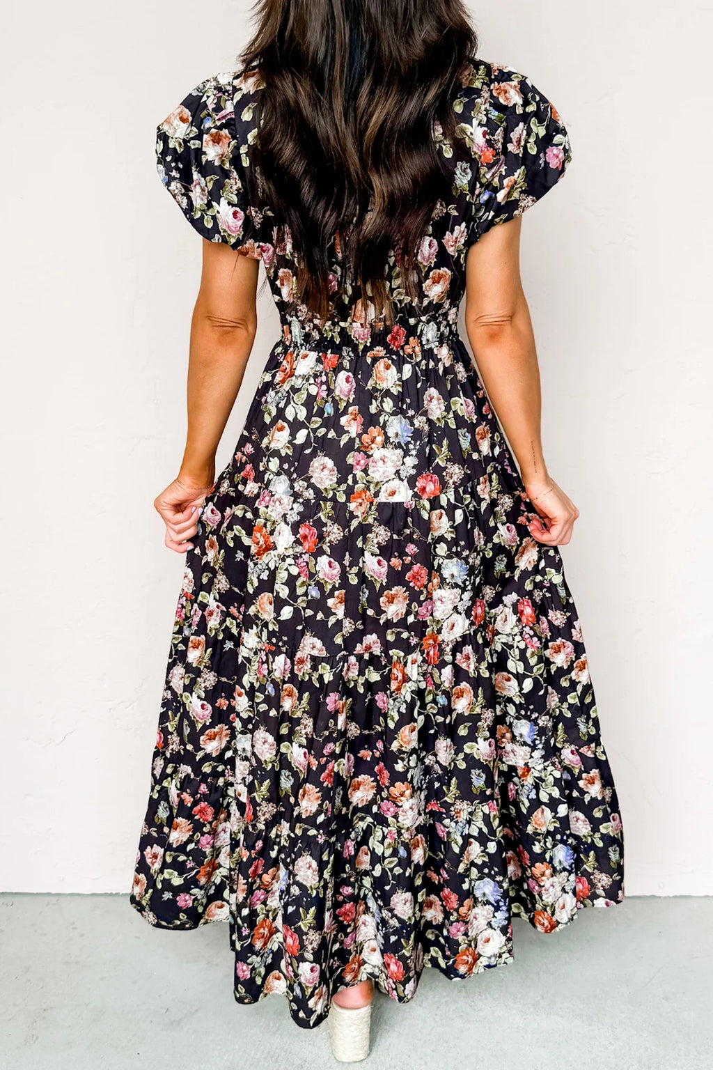 Black floral print V-neck pleated tiered maxi dress by Dear-Lover, with flowing fabric and elegant floral design.