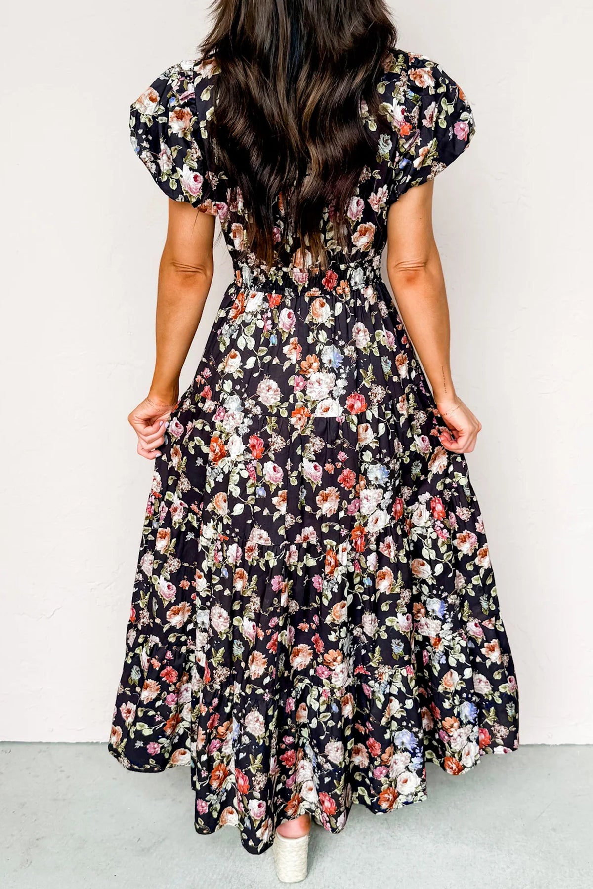 Black floral print V-neck pleated tiered maxi dress by Dear-Lover, with flowing fabric and elegant floral design.