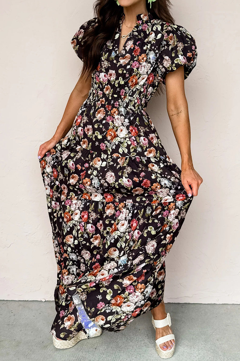 Black floral print V-neck pleated tiered maxi dress by Dear-Lover, featuring lightweight cotton-viscose fabric and elegant design.