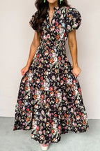 Black floral print V-neck pleated tiered maxi dress by Dear-Lover, showcasing a flowing, elegant floral design and lightweight fabric.