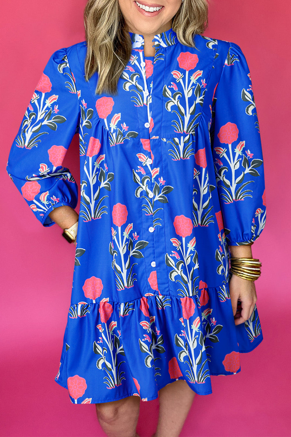 Blue floral print dress with button details, 3/4 puff sleeves, and ruffle hem by Dear-Lover, perfect for casual occasions.