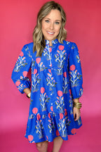 Blue floral print dress by Dear-Lover with button details, 3/4 puff sleeves, and ruffle hem, perfect for casual or summer wear.