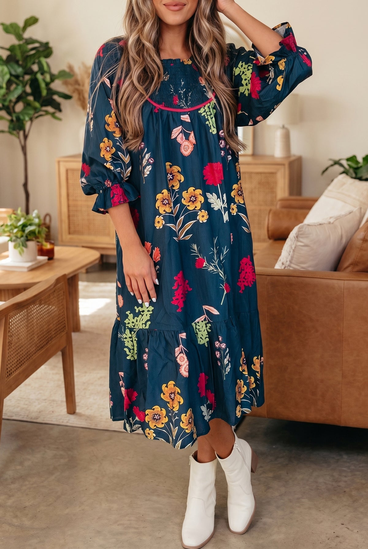 Blue floral print casual midi dress with gathered neckline and 7/8 sleeves, by Dear-Lover Dropshipping, made of lightweight polyester fabric.