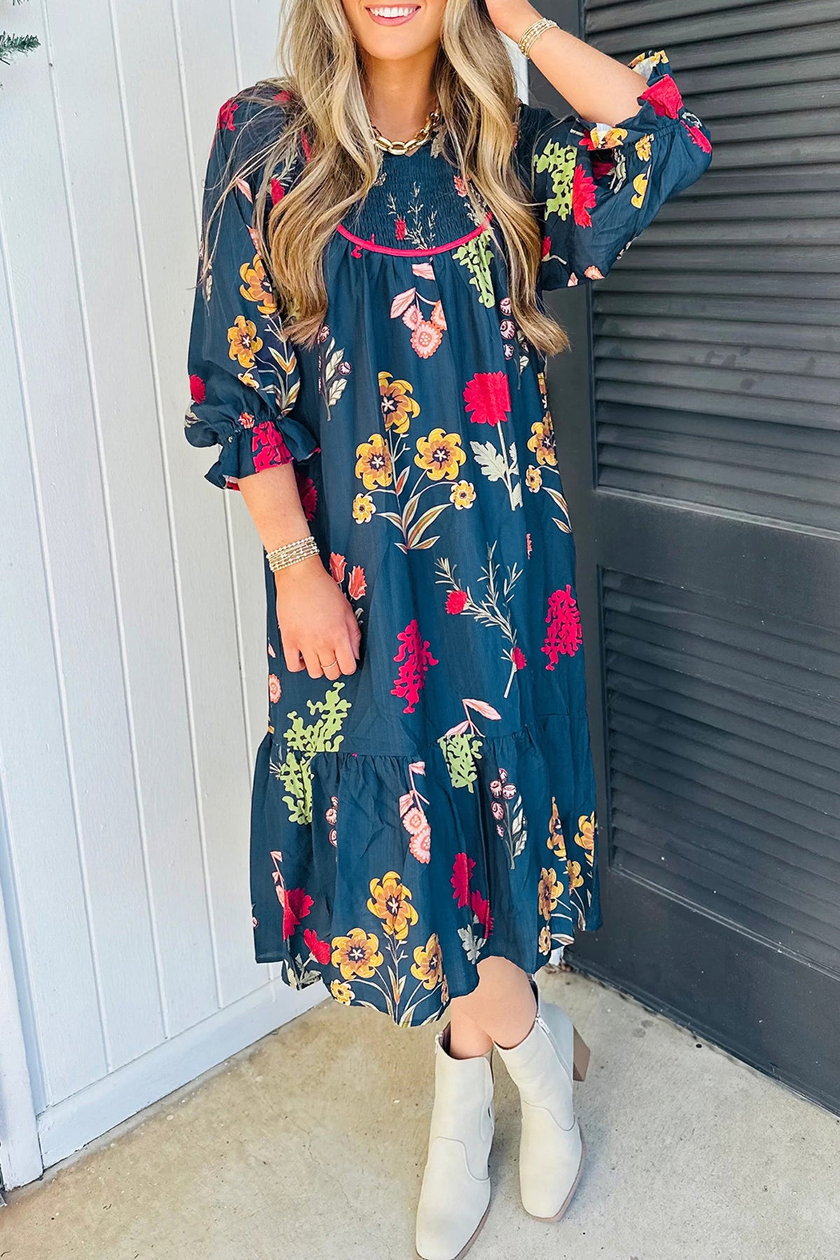 Blue floral print casual midi dress by Dear-Lover with gathered neckline and 7/8 sleeves, perfect for everyday wear.