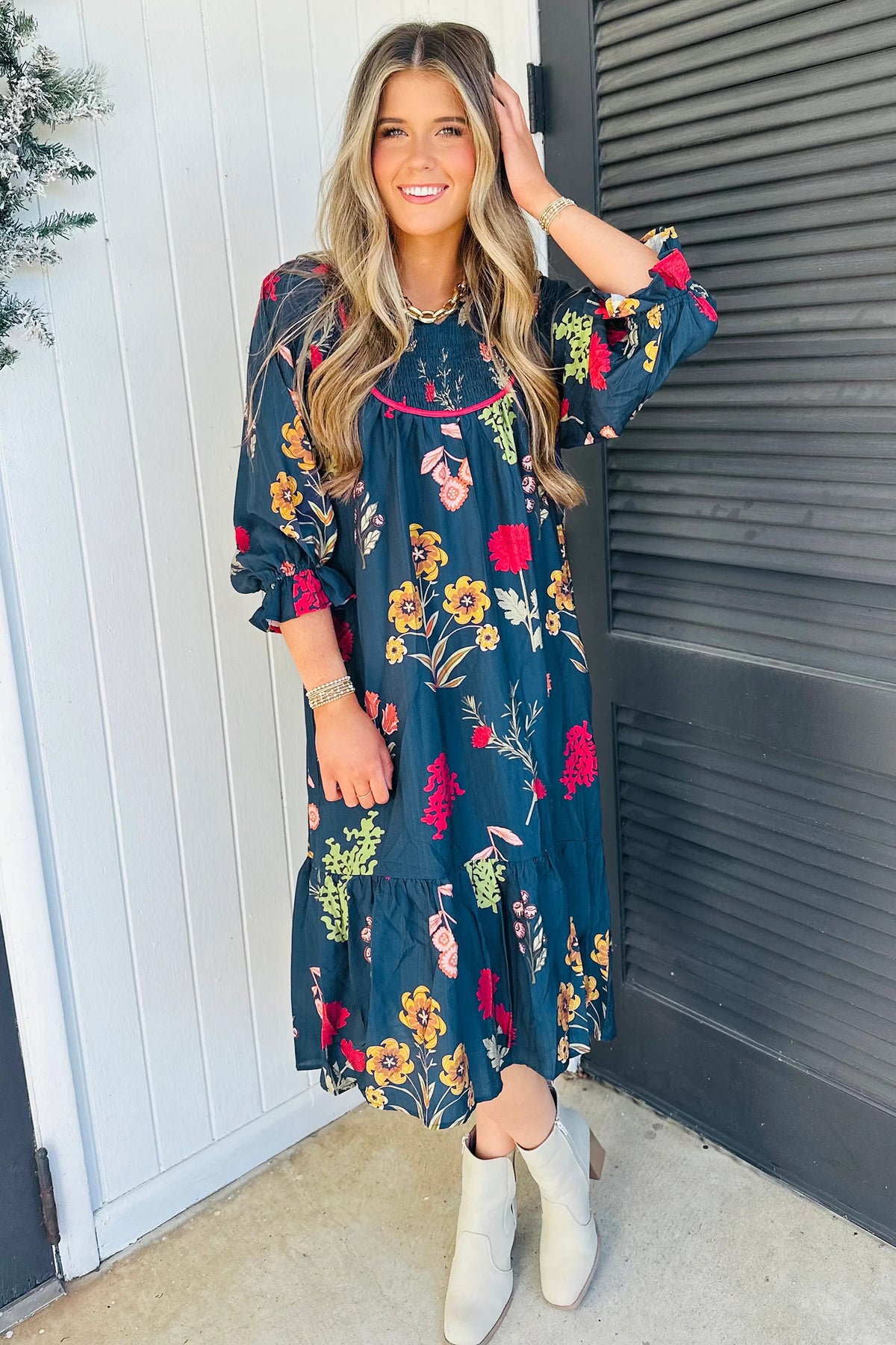 Blue floral print casual midi dress with gathered neckline and 7/8 sleeves by Dear-Lover, perfect for everyday wear.