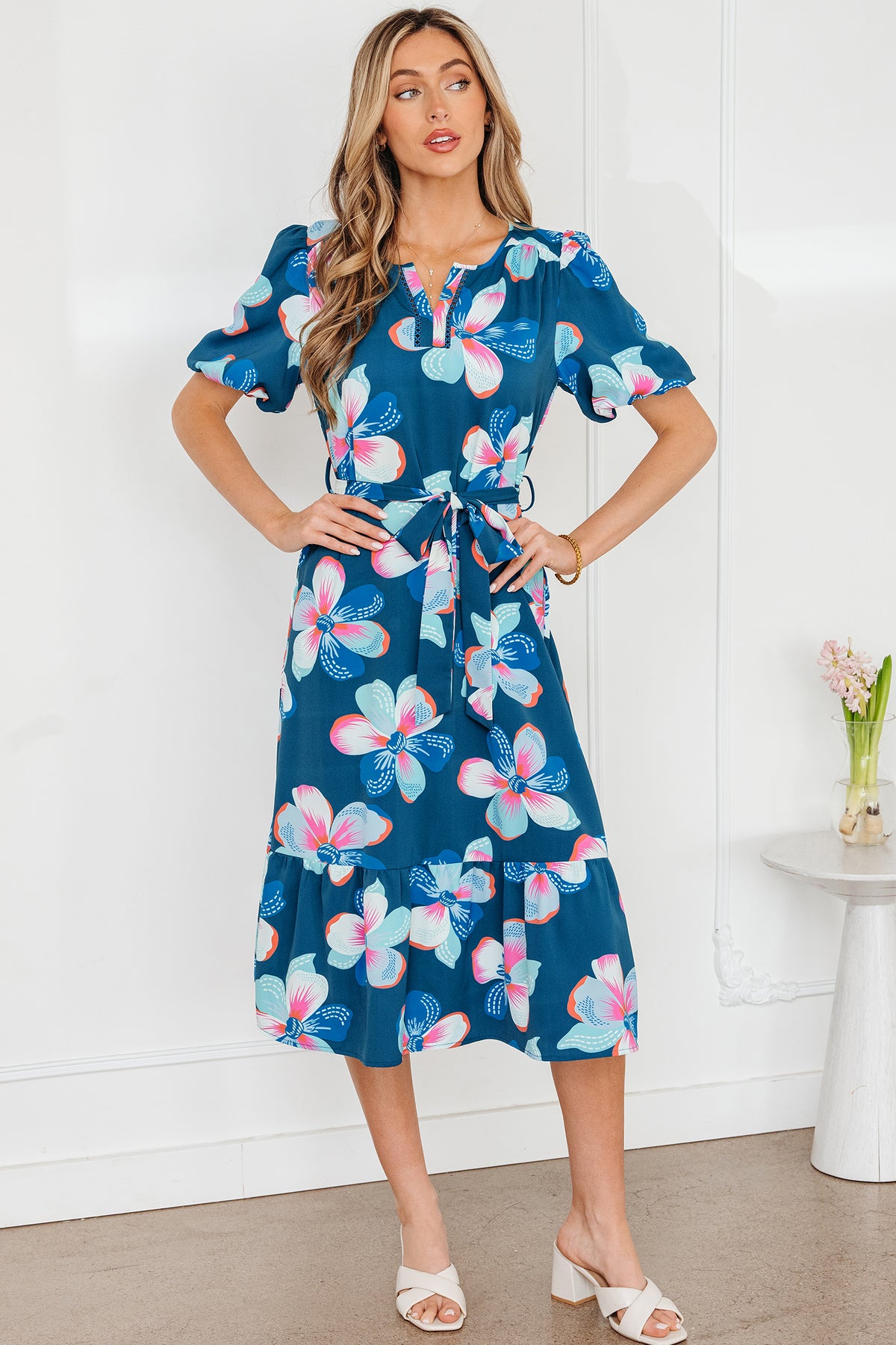 Blue floral print belted long dress with short puff sleeves, ruffle hem, and lightweight polyester fabric from Dear-Lover.