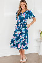 Blue floral print dress with short puff sleeves, ruffle hem, and belted waist, made of lightweight polyester from Dear-Lover.