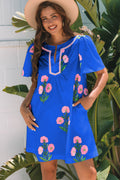 Blue floral short sleeve split neck mini dress by Dear-Lover, featuring a loose fit and lightweight polyester fabric.