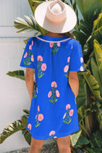 Blue floral short sleeve mini dress with a split neck, loose fit, and lightweight fabric from Dear-Lover Floral Dresses collection.