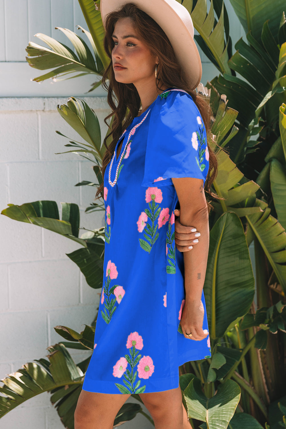 Blue floral short sleeve loose mini dress with split neckline, lightweight polyester fabric, by Dear-Lover.