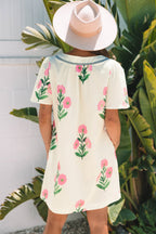 Blue floral short sleeve mini dress with split neckline, loose fit, from Dear-Lover floral dresses collection.