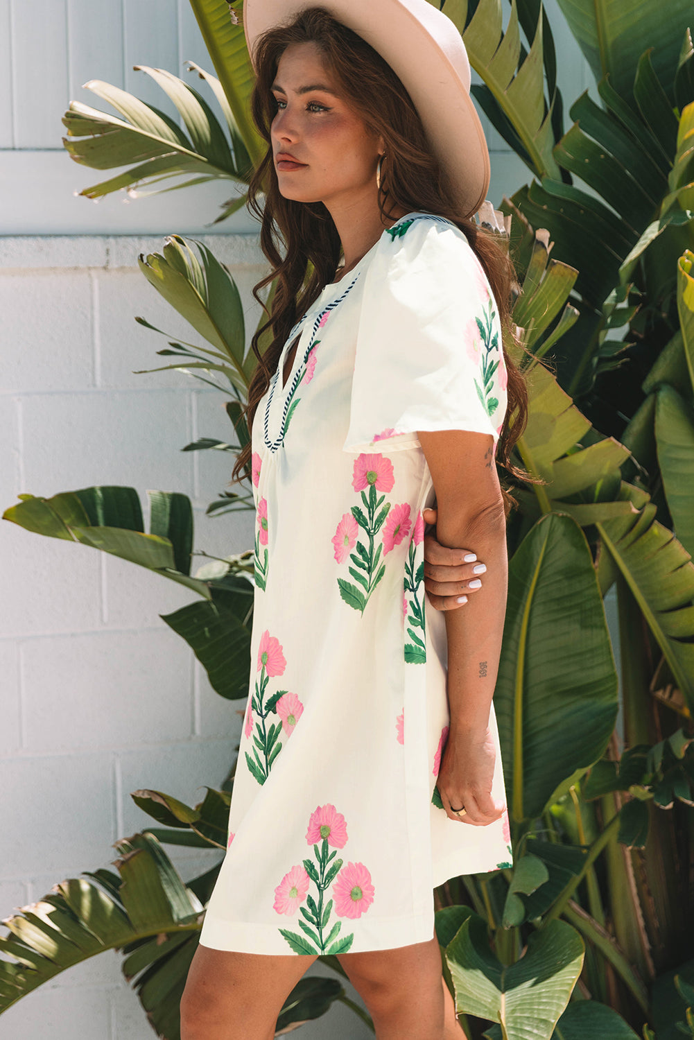 Blue floral short sleeve split neck mini dress by Dear-Lover, featuring a loose fit and lightweight polyester fabric.