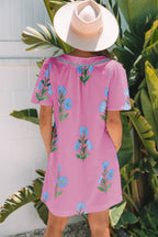 Blue floral short sleeve split neck loose mini dress by Dear-Lover, made of lightweight polyester, ideal for casual summer wear.