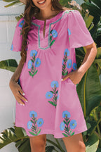 Blue floral short sleeve mini dress with split neck and loose fit, from Dear-Lover floral dresses collection.