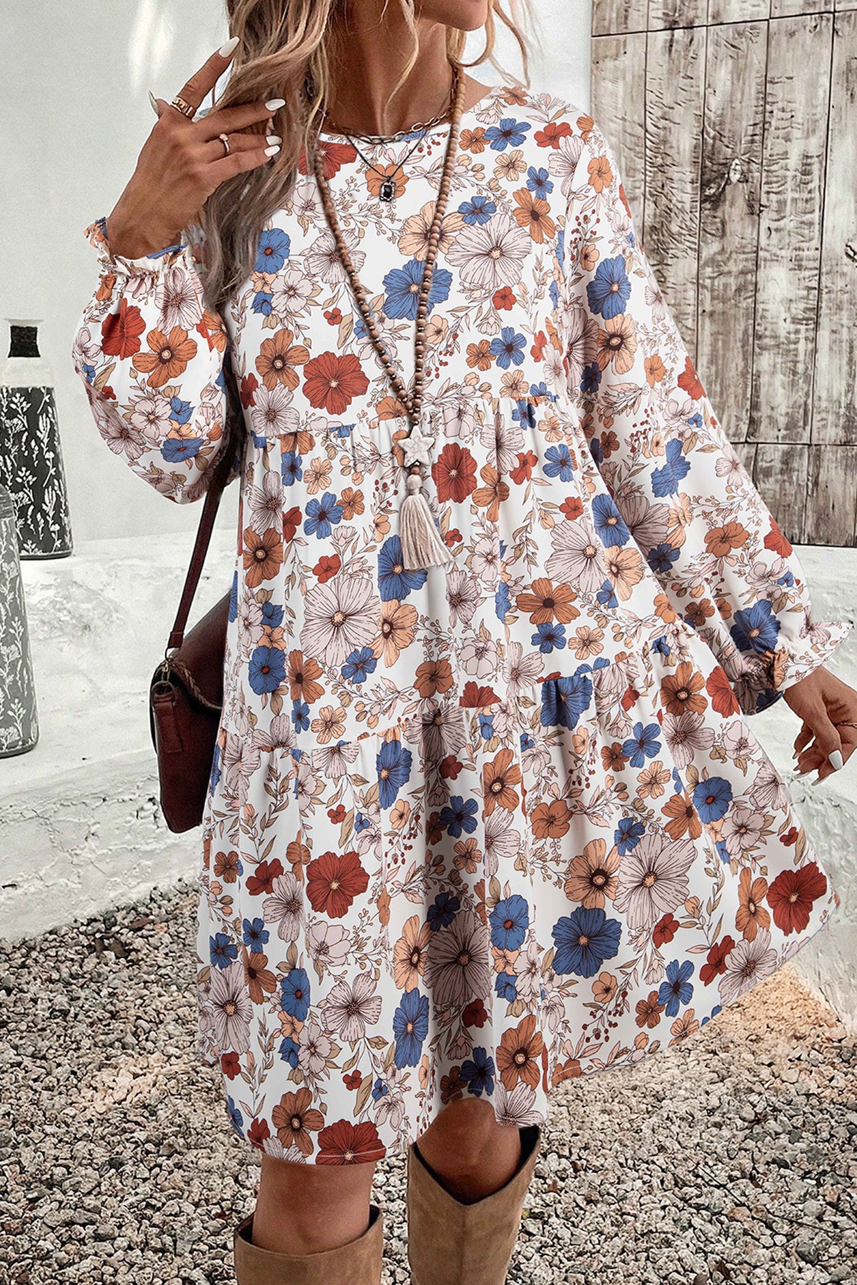 Khaki floral tiered long sleeve dress with ruffled details and round neckline, designed by Dear-Lover for elegant floral dresses.