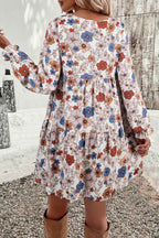 Khaki floral tiered long sleeve dress with ruffles, round neck, and floral pattern by Dear-Lover Dropshipping.