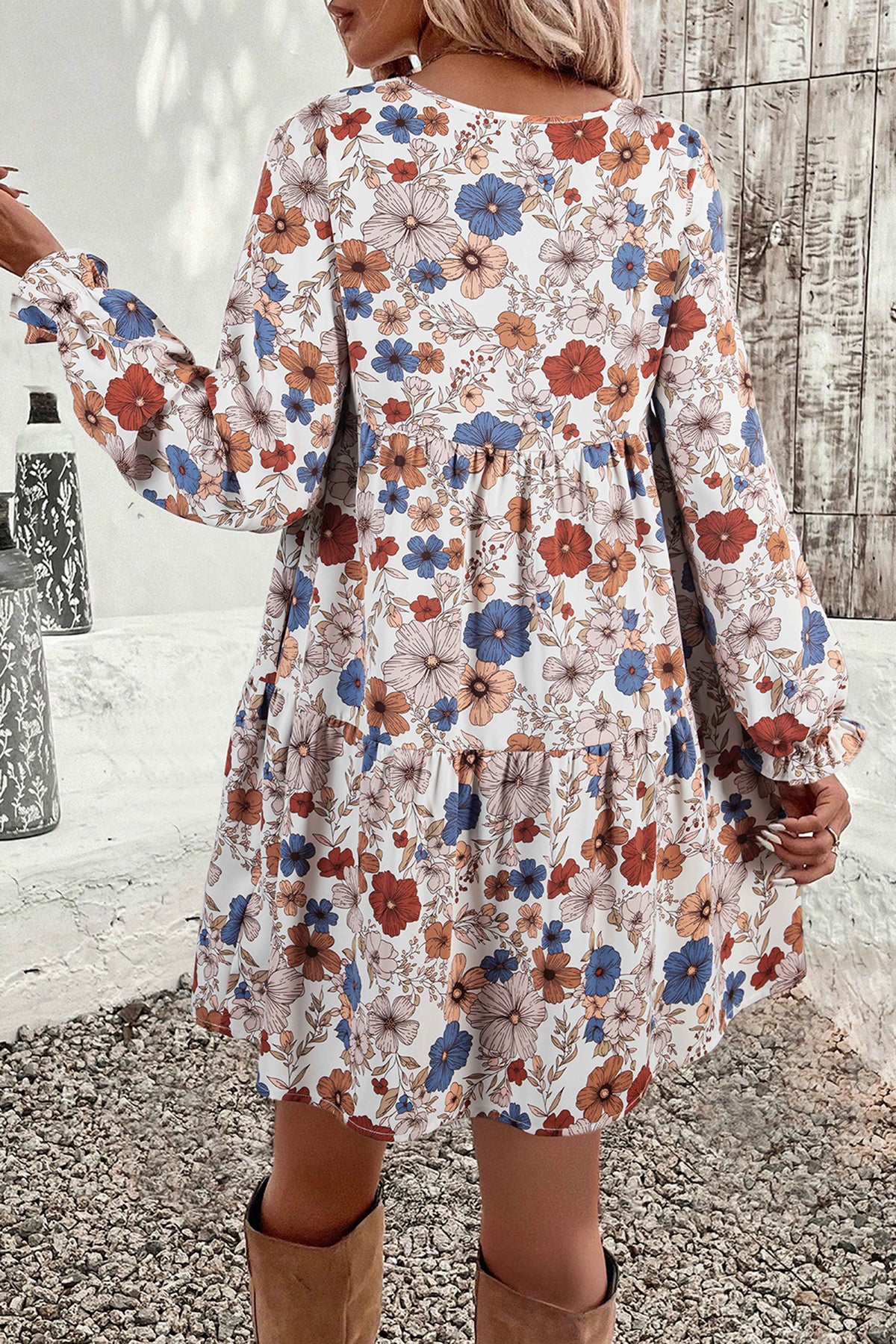 Khaki floral tiered long sleeve dress with ruffles, round neck, and floral pattern by Dear-Lover Dropshipping.