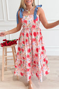 Red floral print high waist dress with contrast stitched knot denim straps, from Dear-Lover Dropshipping, perfect for casual wear.