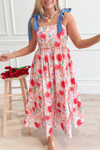 Red floral print high waist dress with contrast stitched knot denim straps, from Dear-Lover Dropshipping, perfect for casual wear.