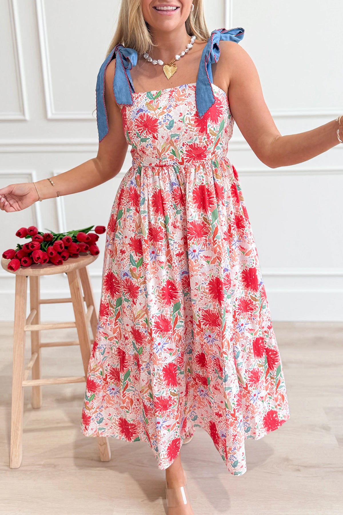 Red floral print high waist dress with contrast stitched knot denim straps, from Dear-Lover Dropshipping, perfect for casual wear.