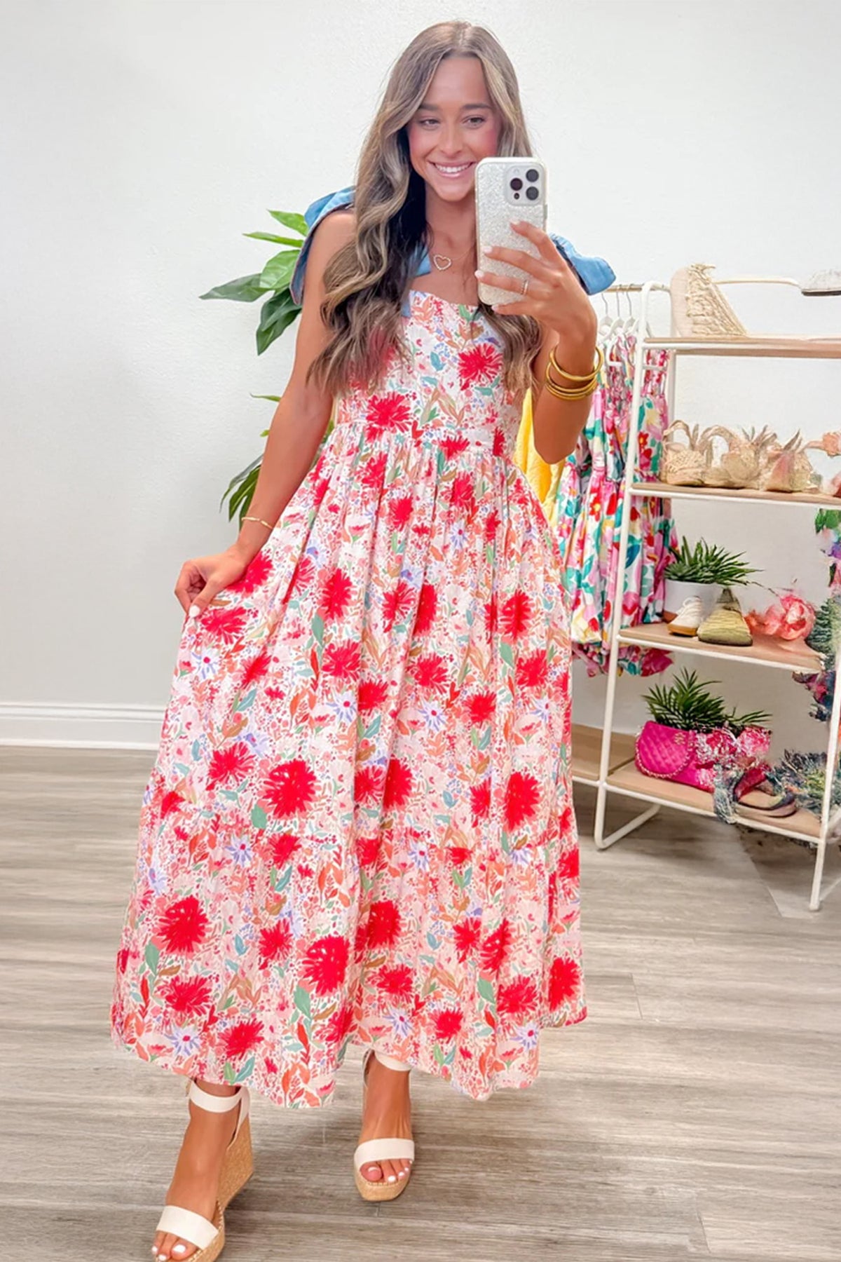 Red floral print high waist dress with contrast stitched knot denim straps, stylish floral dress from Dear-Lover Dropshipping.